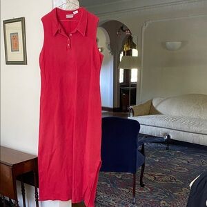 Coldwater Creek Red 100% Cotton Maxi Dress with Polo Style Collar & Side Slit L